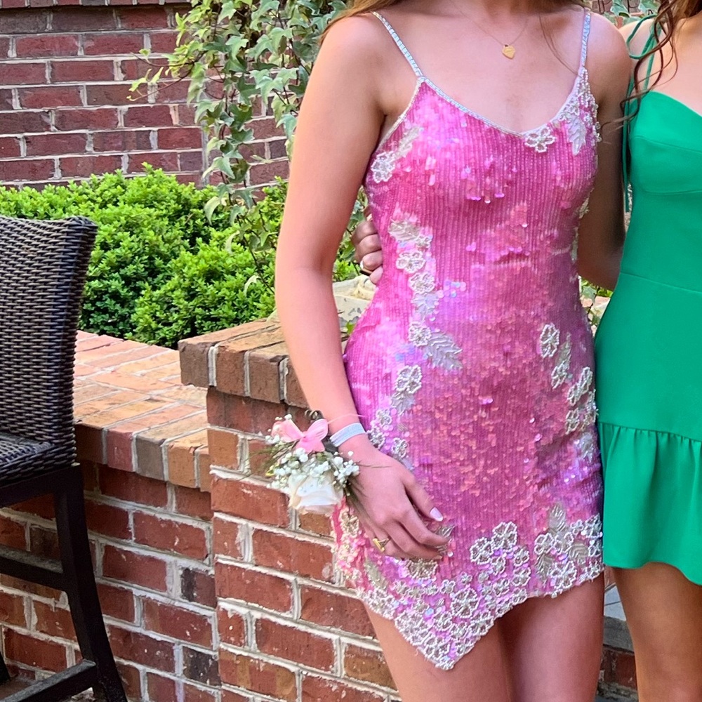 LOVESHACKFANCY Meline Pink Sequin Mini Dress in Raspberry Sparkle Size: 4